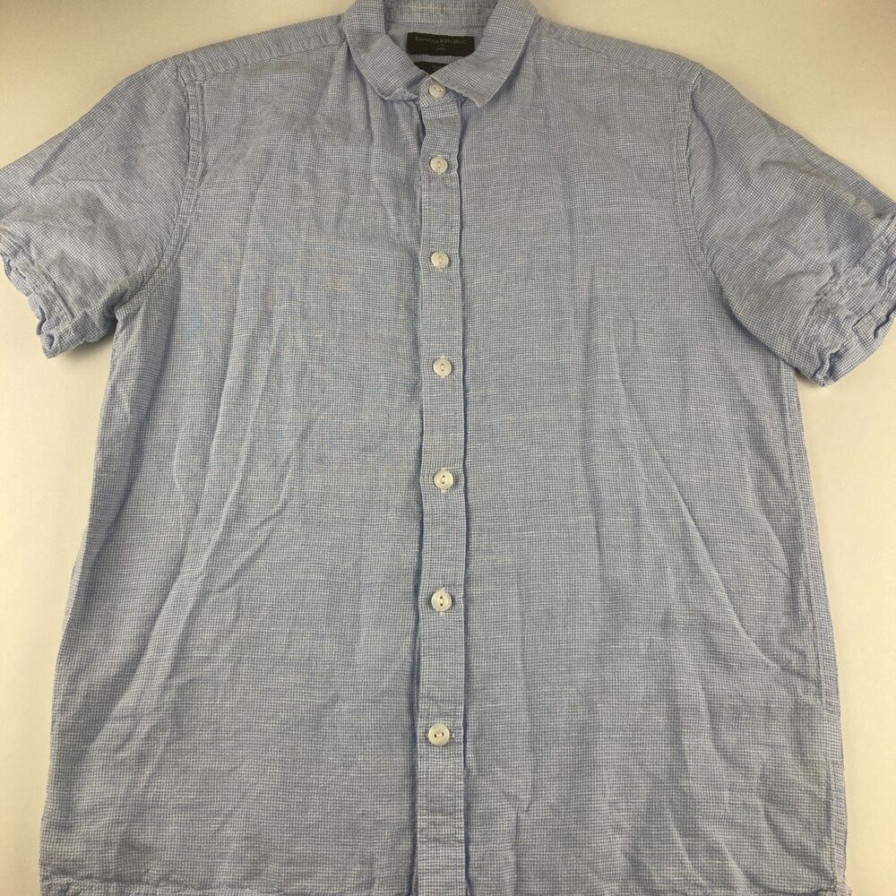 Banana Republic Men M Linen Cotton Shirt Blue White Slim Fit Short Sleeve